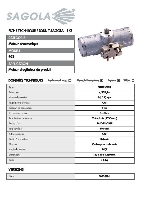 Fiche technique Moteur pneumatique 463